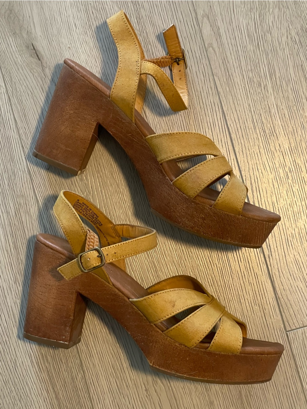 American Eagle Mustard Yellow Suede Platform Block Heel Sandals